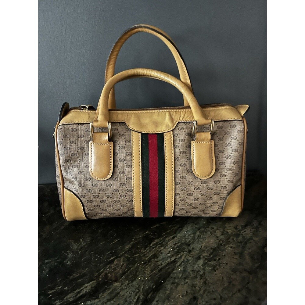 GUCCI Micro GG Sherry Line  Shoulder Bag Brown PVC & Leather Vintage Rare Tan